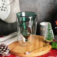 Tasse en verre borosilicate à double paroi LaKotto 280 ml, résistante à la chaleur, motif sapin de Noël, couche intérieure verte, compatible micro-ondes