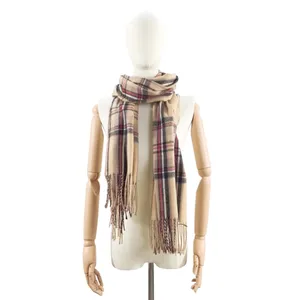 Hot selling turkish plaid neck warmer cashmere woven scarf checked knitted plat pashmina shawl tassel hijab ponchos for women