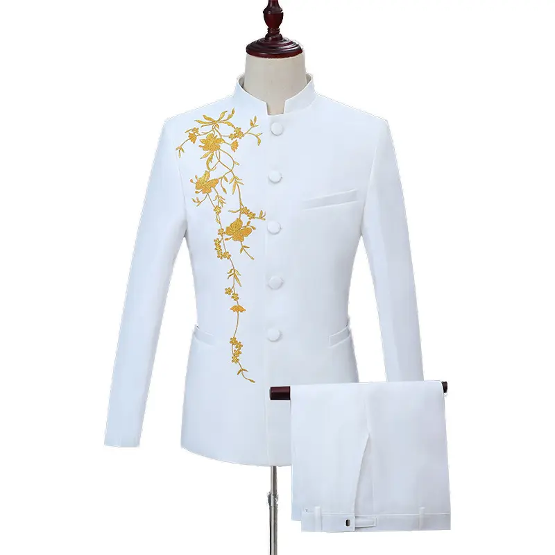 Chinese style Embroidered Tunic Suit Men's Host Performance Costume stand collar Wedding Groom Formal Costume plus size blazer