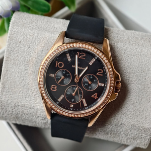 Reloj de Cuarzo <span class=keywords><strong>para</strong></span> Mujer con Bisel de Cristal Incrustado, Tres Subesferas, Tres Agujas, Caja de Acero Inoxidable, Correa de Silicona - Product Image 4
