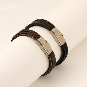 Leather Cord Braided Bracelet Men's Stainless Steel Multi Layer Black Coffee Everyday Wear Jewelry - Product Image 1