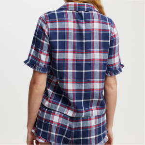 Conjunto de Pijama a Cuadros de Manga Corta con Cuello de Solapa y Botones, Holgado, para Mujer, Ropa de Dormir, Venta Caliente - Product Image 3