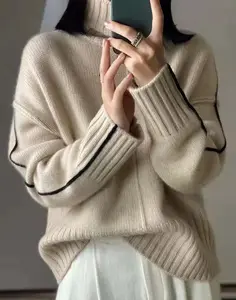 Sweater rajut tebal wanita, kasmir musim gugur dan musim dingin, Sweater longgar dengan bawah kasmir kerah tinggi longgar