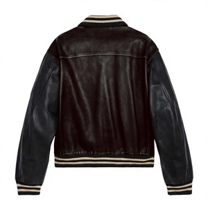 Men's Brown <b>Leather</b> Varsity <b>Jacket</b> With Black Sleeves Turn-down Collar Casual Style Autumn Wear - Product Image 2