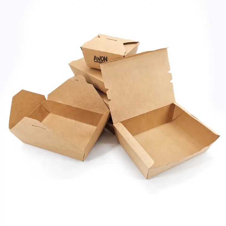 Tek kullanımlık Kraft kağıt hazır yemek kutusu baskılı kağıt bardak ve kase paket servisi olan restoran gıda ambalajı