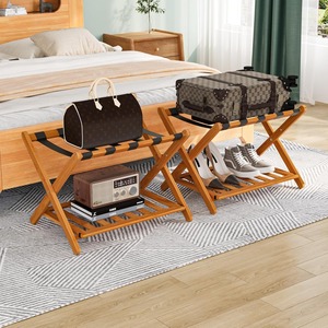 Walnut Folding <b>Suitcase</b> Stand with <b>Storage</b> with Shoe Shelf Shelf Acacia Wood Frame Folding <b>Suitcase</b> Stand for Guest Room - Product Image 4