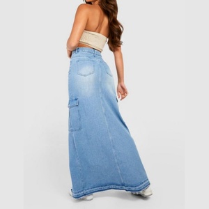 Nouvelle Arrivée Jupe Longue en Jean Taille Haute Style Cargo avec Fente Avant, Bleu Vintage et Ourlet Effiloché - Product Image 2