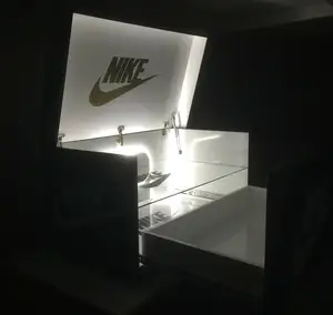 Custom Logo LED Lighted Wooden Giant Shoes Acrylic Shoe Box Storage Chest Seat With Drawer