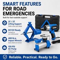 Kit d'outils d'urgence professionnel : cric ciseaux 3T 12V avec clé à chocs électrique et gonfleur de pneus portable
