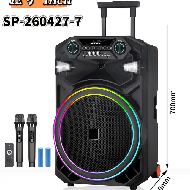 12 Inch Trolley Bluetooth Speaker, Portable Karaoke Party Speaker with 2 Wireless Mics, RGB LED Light & Remote Control