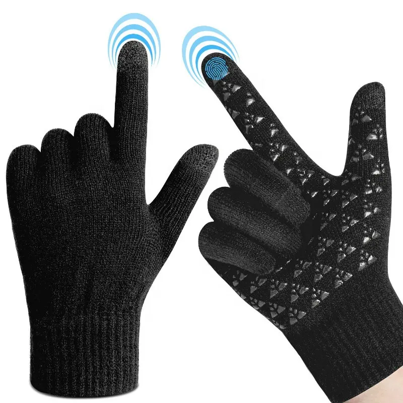Men Women Thickened Cuff Anti Slip Palm Winter Warm Knit Touchscreen Gloves For Texting Driving