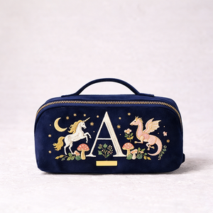 Pochette de toilette pour femmes, trousse à maquillage à ouverture plate, sac cosmétique en velours brodé avec lettres personnalisées - Product Image 2