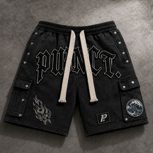 High Quality Custom <strong>Men's</strong> Streetwear Vintage Oversized Boxy Zip up <strong>Patch</strong> Embroidery Shirt and Rhinestone <strong>Shorts</strong> Two Piece Set - Product Image 3