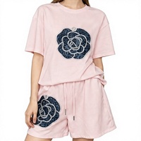 Ensemble de t-shirts pour femmes en spandex rose ample et respirant, manches courtes, col rond, imprimé, tricoté, tenue décontractée d'été