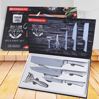 En stock 5 pièces Ensemble de couteaux de cuisine argentés blancs Ensemble de couteaux de chef en acier inoxydable avec manche en PP Ciseaux Éplucheur Outils de cuisine Boîte cadeau