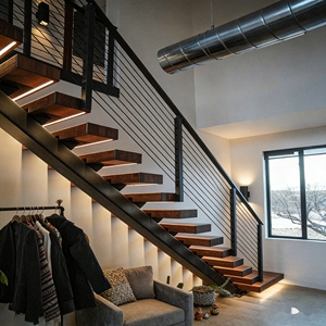 Escalera Recta Interior de Acero <span class=keywords><strong>con</strong></span> Barandilla de Cable Cepillado y Peldaños de <span class=keywords><strong>Madera</strong></span>, <span class=keywords><strong>Escaleras</strong></span> Modernas para Apartamentos Tipo Loft, Duraderas y Personalizadas - Product Image 2