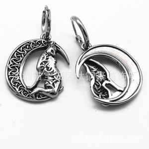 Boucles d'oreilles pendantes yunnique en acier titane, motif loup et lune, bijoux de fête, longues boucles d'oreilles - Product Image 3