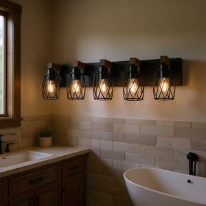 Applique Murale Industrielle Vintage à 5 Lumières, 31 Pouces, Cage Noire avec Accents en Bois de Noyer, pour Salle de Bain, Couloir, Salon, Ampoule E26 Non Incluse - Product Image 2