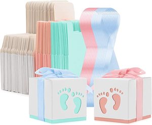 Custom Newborn Baby Folding Baby Shower Favor Boxes Footprints Paper Gift Boxes Small Candy Boxes with Ribbon for Newborn Party