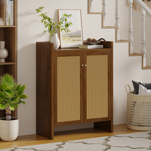 Rattan <b>Shoe</b> Cabinet 42.5 In Tall With Doors Wooden Freestanding Storage For Entryway - Product Image 1