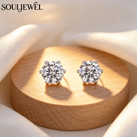Boucles d'oreilles clous en moissanite à six griffes Souljewel, plaqué rhodium, argent S925, couleur D, VVS, minimalistes, bijoux tendance pour femme, anniversaire