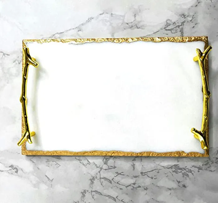 Wholesale Luxury Marble Tray with Stylish Gold Metal Handles Vanity Tray for Jewelry Display Marble Serving Tray with Gold Edges