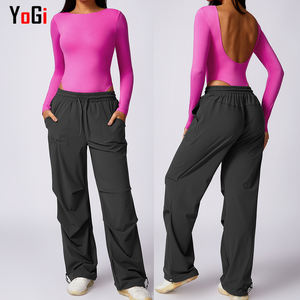 Kadın uzun kollu açık geri Bodysuit Tops Control wear heykel düz açık kasık Yoga spor tulum ile kontrol külot - Product Image 4