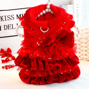 ชุดเดรสสัตว์เลี้ยงกำมะหยี่สีแดงจีบหลายชั้นสำหรับฤดูใบไม้ร่วงและฤดูหนาว กระโปรงน่ารักสำหรับสุนัขพันธุ์เล็ก - Product Image 3