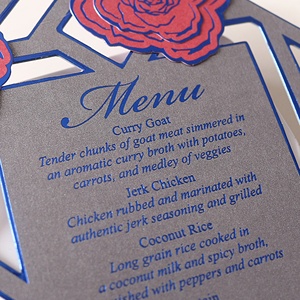 Flor fucsia diseño romántico menú de boda personalizado 7 pulgadas <span class=keywords><strong>restaurante</strong></span> menú tarjetas lámina DIY Logo papel cortado con láser música Anime - Product Image 2