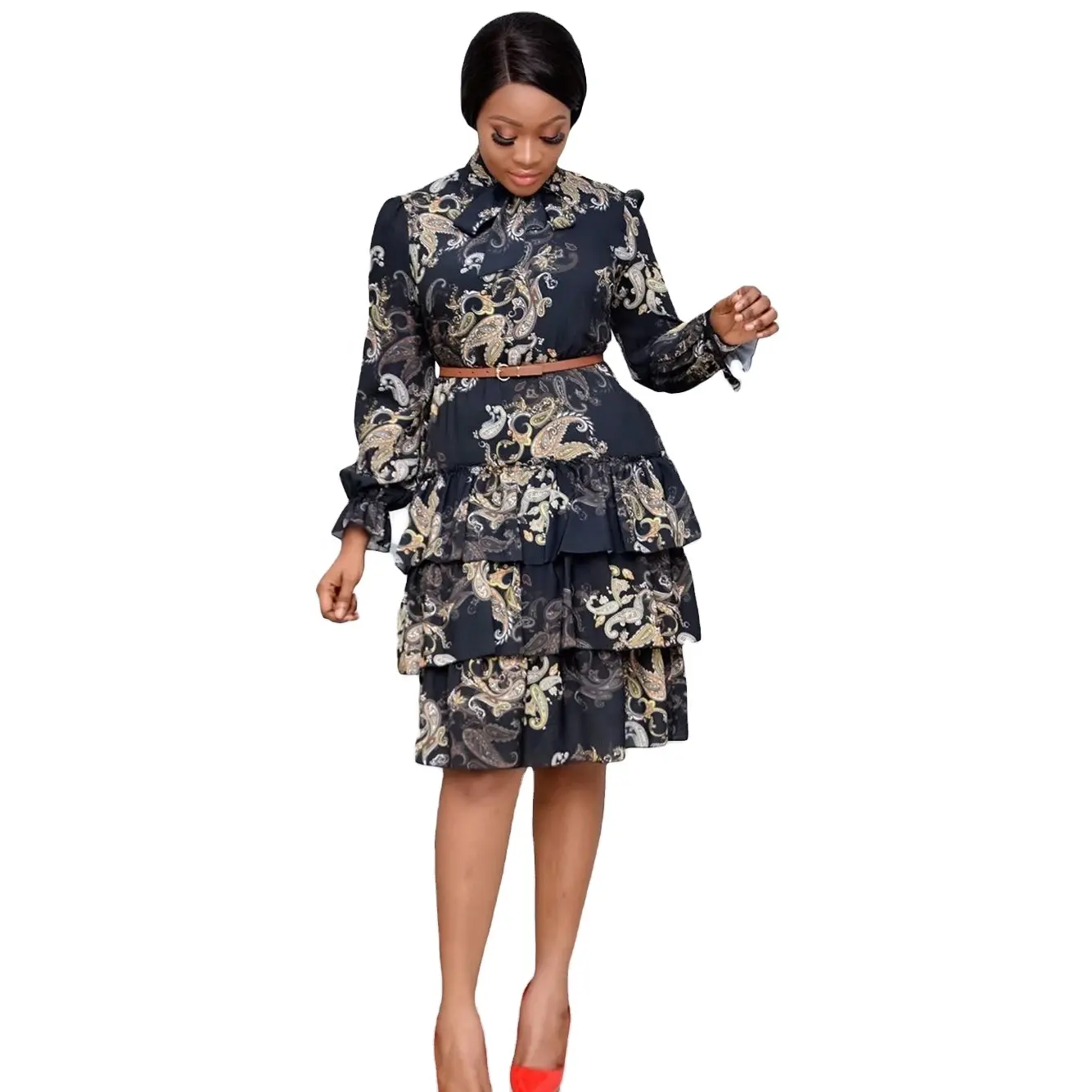 Baju wanita motif mode Afrika baju gaun panjang kasual 2023 gaun ruffle berlipat ukuran besar lengan panjang gaun hitam oranye putih