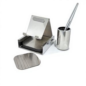 Support de bureau en métal et cuir pour smartphones/tablettes, avec logo personnalisé, support mobile, sous-verres, porte-stylo et support de tablette détachable en 4 parties - Product Image 1