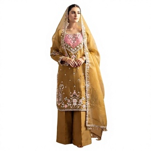 Costume traditionnel pour femmes, couleur moutarde, brodé, longueur au sol, avec dupatta, style Inde Pakistan - Product Image 1