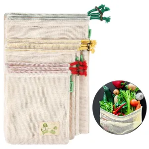 Washable Reusable eco friendly grocery bag shopping net produce organic cotton mesh fruit bag
