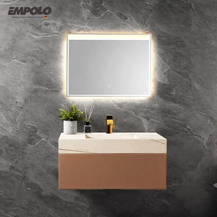 Meuble de salle de bain en contreplaqué gris avec miroir led, mobilier de lavabo flottant de 36 pouces