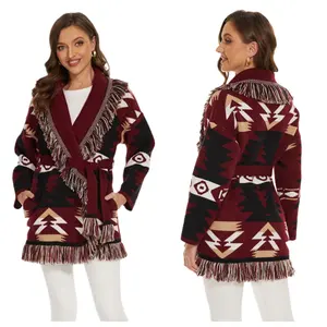 Autunno inverno donna Vintage Jacquard maniche lunghe Cardigan di lana lavorato a maglia con nappe bohémien di media lunghezza