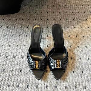 Sandalias de tacón de aguja de microfibra con bordado de cuero para mujer, de caña alta, sexy, para club, de verano, con punta abierta, sin cordones, para exterior, tendencia de moda - Product Image 4