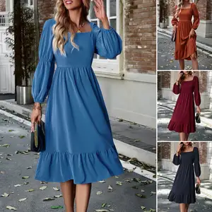 PRETTY STEPS Long sleeve dress women's fall/winter 2024 solid color square neck long sleeve long skirt