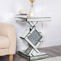 Table en miroir avec cristaux écrasés, incrustation carrée, Table d'appoint moderne, Table d'accent argentée