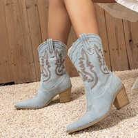 En Stock, Botas Vaqueras de Tacón Grueso, Estilo Occidental, con Contraste de Color, Punta Puntiaguda, Talla Grande, Talla 42