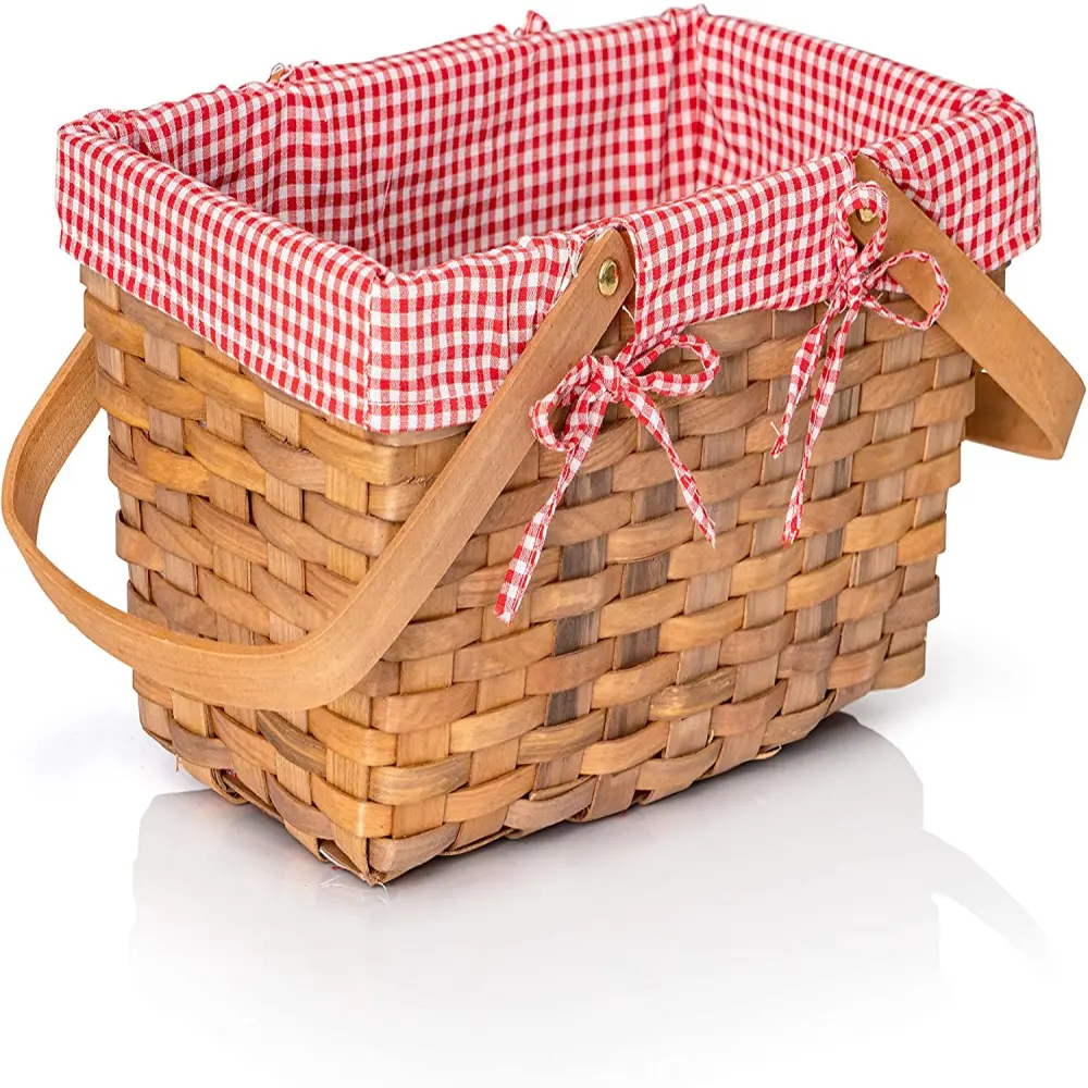 Cesta de decoração de madeira natural tecido, cesta com alças duplas e forro de gingham vermelho e branco