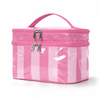 Nouvelle Trousse de Toilette de Voyage Imperméable en PVC Transparent avec Fermeture Éclair Double Couche et Rayures, Organisateur de Maquillage Portable