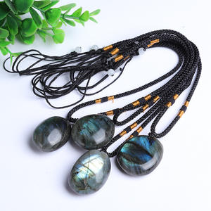 Wholesale Natural Raw Moonstone Labradorite Pendant Necklace Blue Moonlight Flash Stone <b>Braided</b> Rope Necklace - Product Image 3