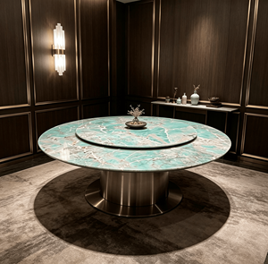 Table à manger ronde de luxe en marbre vert avec plateau tournant Lazy Susan, design moderne, base en métal, mobilier de maison, 4 places, garantie 1 an - Product Image 4