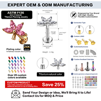 Piercing labret à tige plate sans filetage en titane G23 ASTM F136 avec zircone cubique, motif feuille, pour femme
