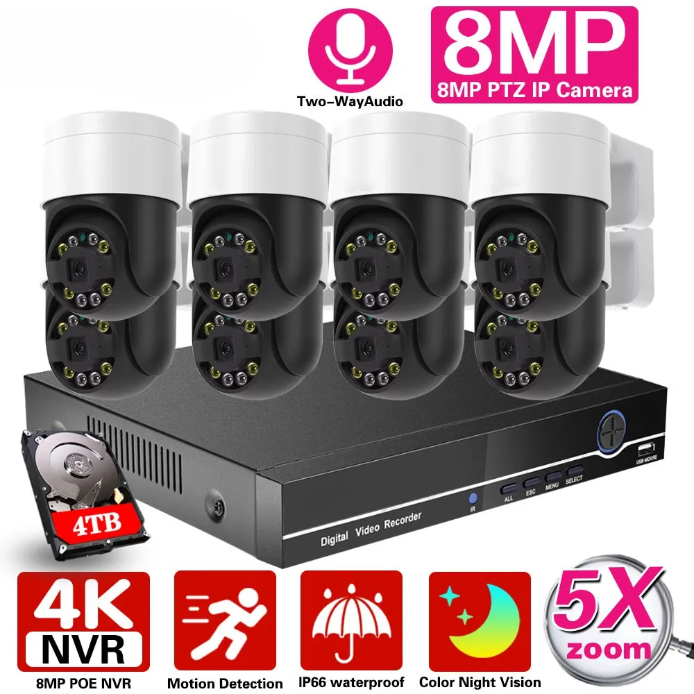 Poe Kit sistem keamanan kamera Cctv Ptz 4k 8ch Nvr, Kit warna penglihatan malam Audio dua arah 8mp Ip kamera Video perangkat pengawasan