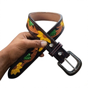 BS International Genuine <b>Cow</b> Hide Water Buffalo Leather Custom Length Alloy Western Buckle Heat-Transfer <b>Printed</b> Floral Belt - Product Image 2
