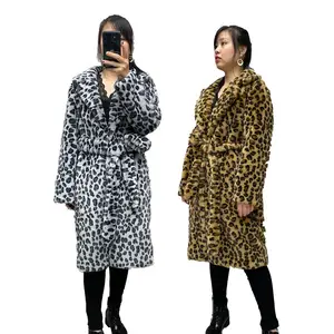 Customized wholesale winter warm leopard print long faux rex rabbit fur coat