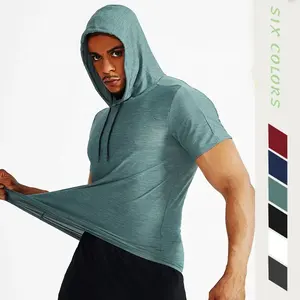 Yaz lüks yeşil vücut geliştirme Polyester Spandex kapşonlu T-Shirt ekran baskı düz hızlı kuru Hoodie tişörtleri