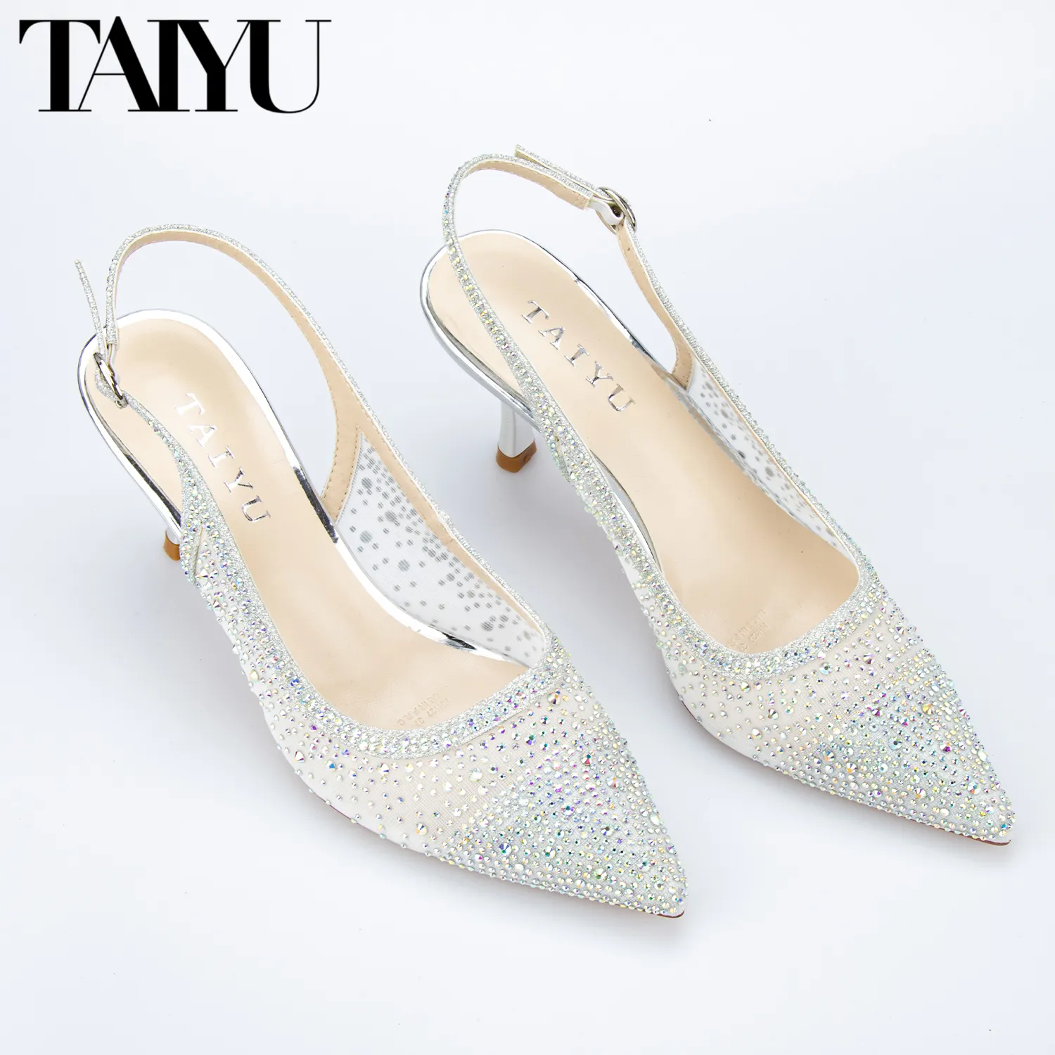 TAIYU Custom Colorful Rhinestone Heels Ladies Low Satin Pu Womens Silver Color Shoes Wedding Heels pump for Bride Shoes