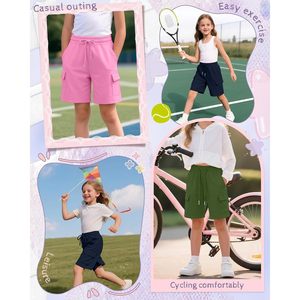 Shorts cargo pour filles, longueur genou, avec 4 poches, vêtements d'école d'été respirants, 5-14 ans - Product Image 2